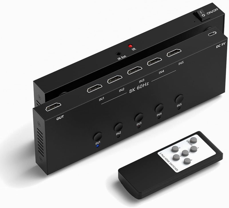 Arector 8K 5 in to 1 Out HDMI Switcher，5 Way HDMI Converter & Infrared Remote Control - Ideal for Nintendo Switch/OLED/Xbox PS5/4/3 Blu-Ray Player Fire TV Stick Roku Apple TV Chromecast PC - Image 1